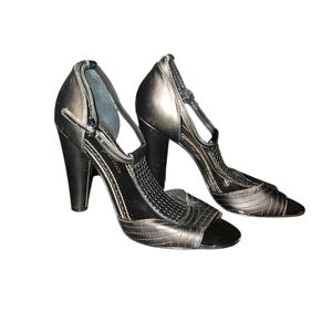 Tracy Reese Metallic Almost Pewter Open-Toe Heels Sz 39